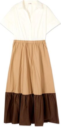 Oltre Lange Color Block Jurk - Dames - Casual kleedjes - Bruin - L - Katoen - Kleedjes