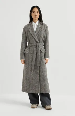 Brunello Cucinelli Techno alpaca check tweed coat with monili in Dark Grey at Nordstrom, Size 42