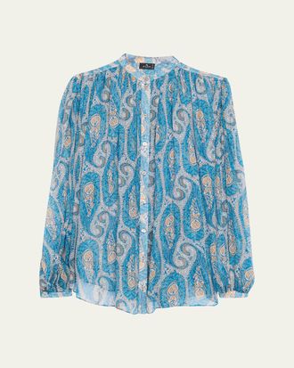Etro Pleated Paisley Silk Button-Down Blouse