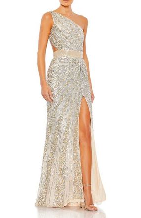 Mac Duggal Sequined One Shoulder Draped Lace Up Gown in Nude Silver at Nordstrom, Size 10