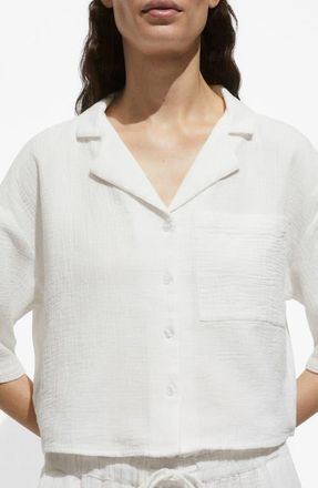 Mango Boxy Elbow Sleeve Cotton Gauze Camp Shirt in Off White at Nordstrom, Size 2