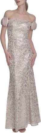 Eliza J Bow Sequin Off the Shoulder Mermaid Gown in Champagne at Nordstrom, Size 14