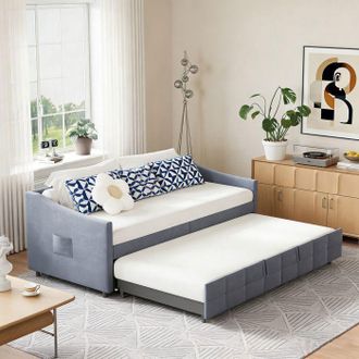 OEM Lit Gigogne 90x200 Cm, Sof&aacute;-cama Extensible, Hidr&aacute;ulico, 180x200 Cm, Madera Y Metal, Estilo Escandinavo, Tejido De Terciopelo Suave, Gris