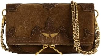 Zadig&Voltaire Distressed-effect Western su&egrave;de clutch met kenmerkende vleugels - Dames - Schoudertassen - Bruin - ONE Size - Su&egrave;de - Tassen