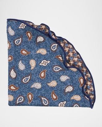 Edward Armah Mens Silk Reversible Houndstooth and Paisley Pocket Round