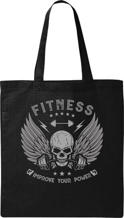 Generic Fitness Improve Your Power Skull And Barbell Graphic Natural Ecological Cotton Tote Bag Black