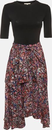 Maje Black Floral Print Jersey And Crepe Flared Midi Dress