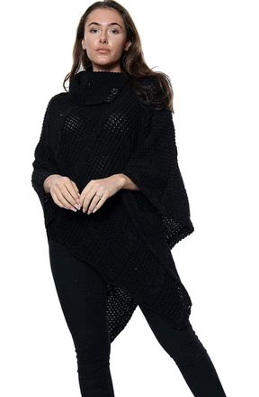 Generic BloomFashion Womens Long Cable Knitted 3 Button Poncho Top - Ladies Roll Neck Cape Shawl Wrap Sweater Jumper Winter Scarf Cardigan One Size UK Black