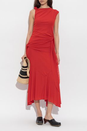 Ganni Asymmetrical Dress With Ruffles, Womens, Red