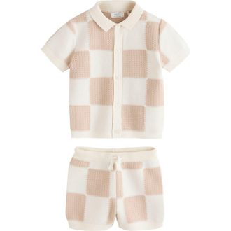 Next Kids Checkerboard Knit Button Shirt & Shorts Set in Neutral at Nordstrom, Size 12-18M