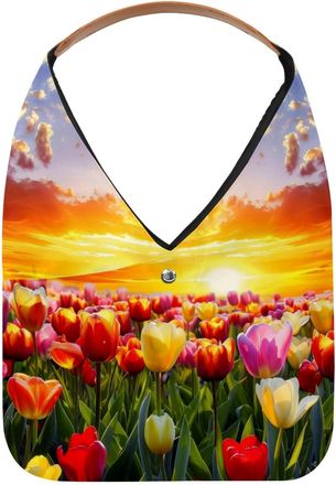 Generic Beautiful Tulip Flower Sunset Landscape Reusable Lightweight Grocery Bags - Foldable Into Compact Pouch, Washable & Sturdy, Multipurpose for Shopping 