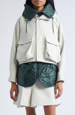 sacai Mixed Media Blouson Jacket in Ecru/Green at Nordstrom, Size 3