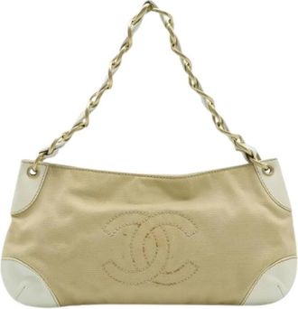 Chanel Pre-owned Coco Mark Canvas Leather Shoulder Bag - Dames - Vintage Schoudertas - Beige - ONE Size - Leer - Vintage