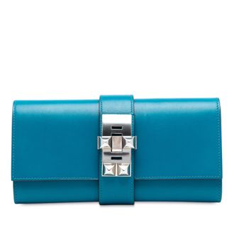 Herm&egrave;s Pre-owned Womens Tadelakt Medor Clutch 23 - Teal Leather - One Size