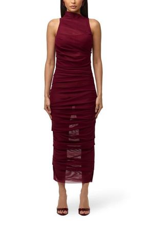Naked Wardrobe Asymmetric Mock Neck Sheer Mesh Midi Dress in Sangria at Nordstrom, Size X-Small