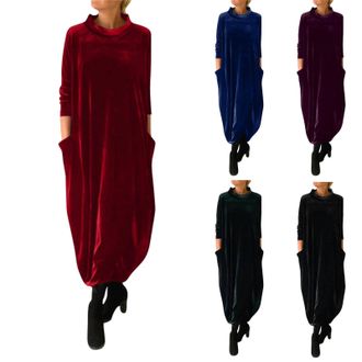 Generic Velvet Maxi Dresses for Women UK Solid Color Long Sleeve Party Dress Elegant Round Neck Cocktail Dresses Ladies Loose Long Dresses Tunic Dress Plus Si