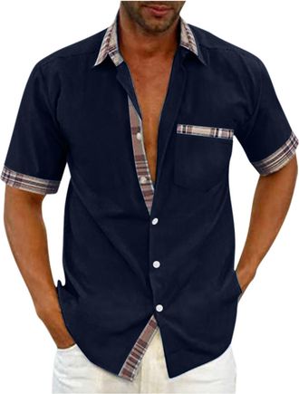 Generic Short Sleeved Shirts for Men Color Block Button Down Casual Shirt Regular Fit Business Formal Dress Shirts Lightweight Turn-Down Collar Tops Summer Be