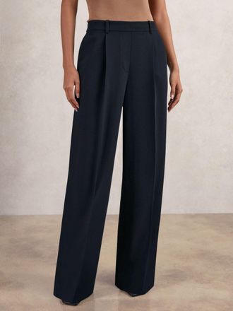 Reiss Navy Tall Elasticated-waist Wide-leg Twill Trousers, 14