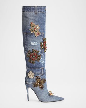 Dolce & Gabbana 105mm Embellished Patchwork Denim Knee-High Boots