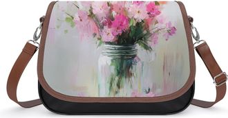 Generic Flowers in Jars Painting Womens Leather Crossbody Bags with Adjustable Strap Casual Printed Shoulder Handbag