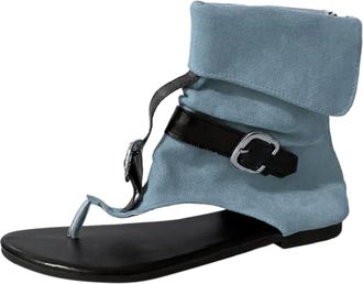 Generic Ladies Summer Flat Roman Sandals with Denim Belt Buckle High Top Herringbone Design Comfortable Casual Footwear for Women (Blue, 5.5)