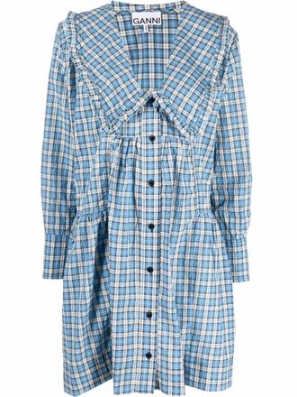 Ganni Seersucker check-print gathered dress - women - Recycled Polyamide/Recycled Polyester/Organic Cotton - 44 - Blue