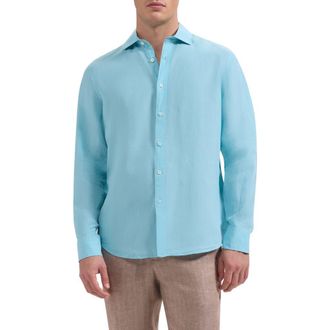 Bugatchi Axel Shaped Fit Linen Button-Up Shirt in Turquoise at Nordstrom, Size Xxx-Large