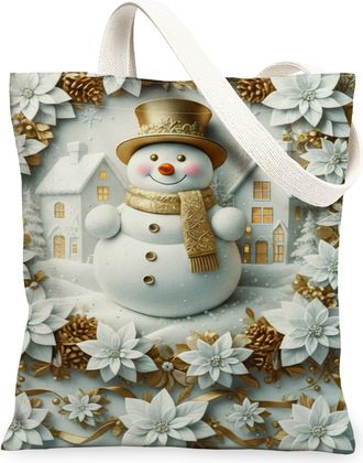 Generic Winter Snow Man Canvas Tote Bags, Holiday Floral Design Reusable Grocery Bags, Vintage Rustic Lightweight Washable Shoulder, White, 13x15 Inch