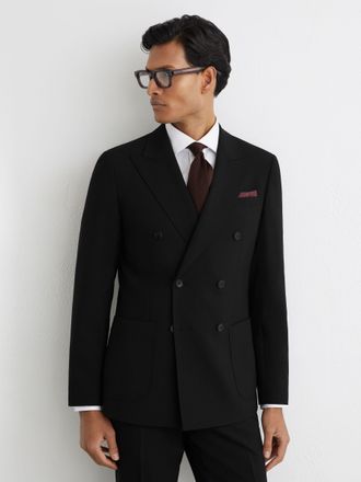 Reiss Black Double-breasted Suit Jacket Tailored-fit With Wool, 36