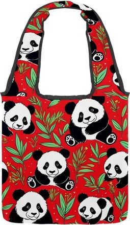 Generic Cute Panda on Red Reversible Canvas Shoulder Tote - Double-Sided Print, 12oz Cotton, 27cm Drop, Fold-Flat Bag for Travel, Shopping, Street Outings
