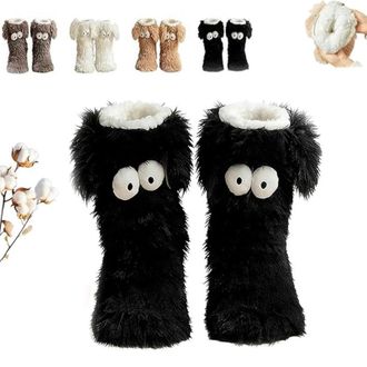 Generic Muffle Friends Cozy Socks, Womens Winter Warm Fuzzy Non-Slip Slipper Socks with Cute Big Eyes - Soft Thick Fleece Floor Socks for Cold Weather (Black)