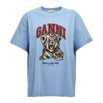 Ganni T-Shirts, female, Blue, M, Tiger Cotton Crew Neck T-Shirt