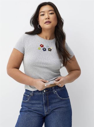 Twik Womens Beaded embroidery ribbed T-shirt