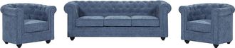 Vente-Unique Sof&aacute; 3 plazas y 2 sillones en tejido azul CHESTERFIELD