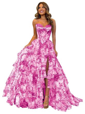 Generic Tulle Floral Print Prom Dress Long Slit Corset Tiered Formal Dress Strapless Sweetheart Evening Gown with Pockets Hot Pink XL