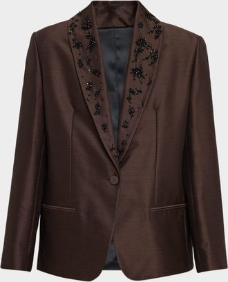 Alberta Ferretti Embroidered Lapel Single-Breasted Wool-Silk Jacket