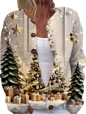 Generic Christmas Fluffy Cardigans Winter Jumpers Clothing Womens Casual Long Sleeve Crewneck Button Down Cute Santa Print Cardigan Sweater Cardigan 2025 Wome