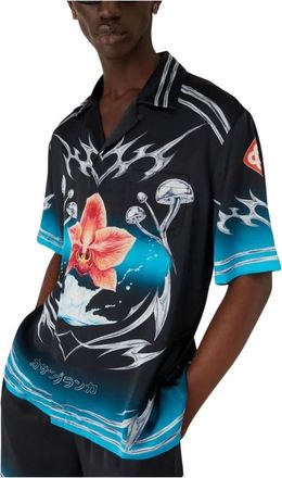 Casablanca Overhemden, Heren, Zwart, S, Grafische Print Zijden Camp Kraag Shirt
