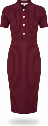Yumi Burgundy Fitted Rib Knitted Midi Dress with Daisy Buttons (UK, Alpha, M, Regular, Regular, Burgundy)