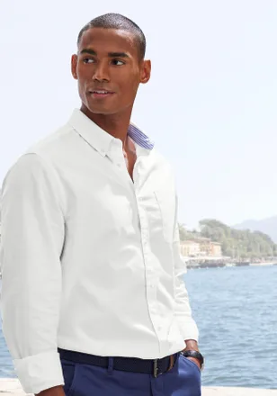 H.I.S Langarmhemd H.I.S regular-fit, Herren, Gr. XXXL (47/48), N-Gr, weiss (sanftes wei&szlig;), Web, Obermaterial: 100% Baumwolle, unifarben, regular fit, Rundha