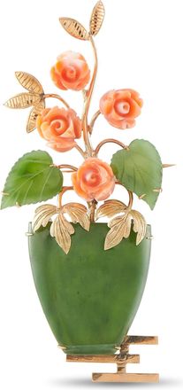 Luxury Bazaar Vintage 18K Rose Gold Nephrite Jade and Coral Flower Brooch MF02-092226