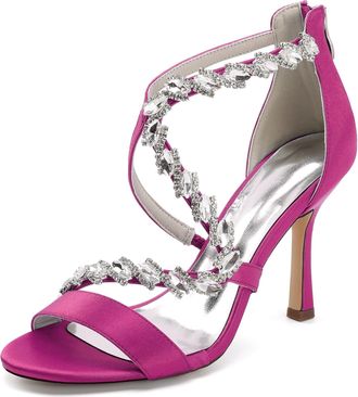 Generic Womens Wedding Bridal High Heel Sandals Satin Stiletto Crystal Formal Evening Prom Party Dress Shoes 9.5Cm,Fuchsia,10 UK