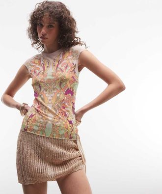 AFRM Nina - Vestito corto a maniche corte in rete rosa con stampa multicolore e maniche ad aletta