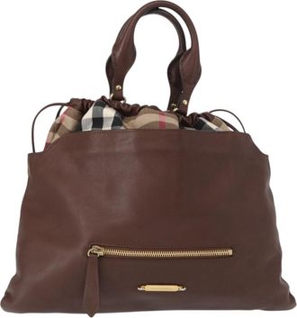 Burberry Big Crush Tote Leather And House Check Canvas Brown Leather Handbag (Pre-Owned)