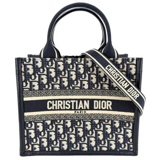 Dior Beige Navy Cotton Canvas Leather Shoulder Bag Tote Bag (Pre-Owned)
