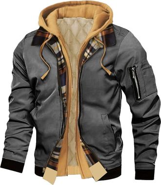 Generic Winter Jackets for Men,Fake Two-Piece Spliced Plaid Interior with Pockets Warm for Casual Flight Jacket Mens Autumn Winter Hooded Coat Fleece Workwear