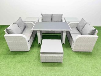 Fimous 7 Seater Patio Garden Furniture Sets with 2 Side Tables Big Stool in Light Grey
