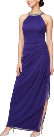 Alex Evenings Dress Womens Purple Mesh Side Slit Beaded Halter Neck FROG371