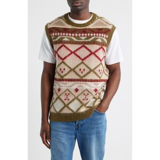 Topman Fair Isle Oversize Vest in Khaki at Nordstrom, Size Xx-Large