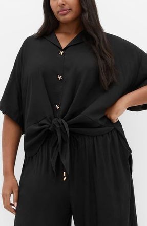 City Chic Kalea Tie Front Button-Up Shirt in Black at Nordstrom, Size Xxxs